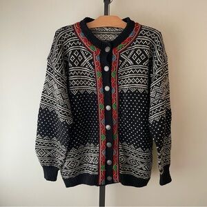 Vintage Norwegian 100% Wool Knit Cardigan Sweater Norway Fair Isle Scandinavian
